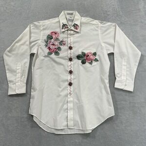 Ketch Western Button Shirt Women 16 32/33 White Roses Floral Embroidery Vintage